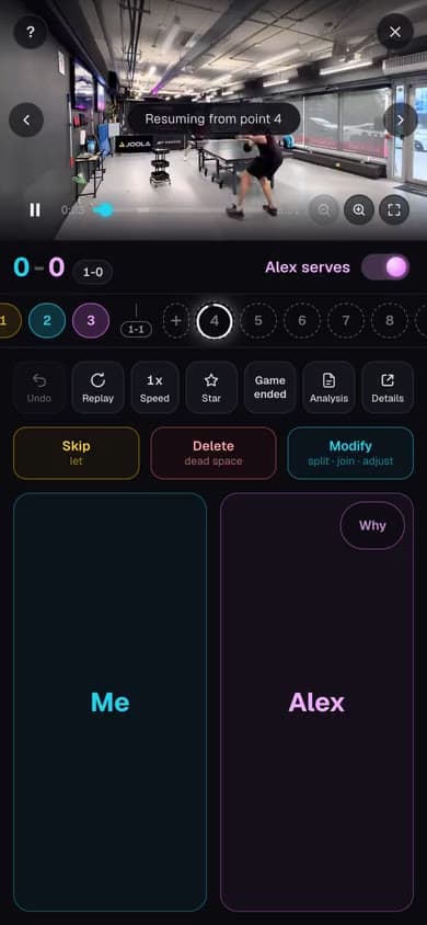 Scoring a match: the point plays and you tap who won it