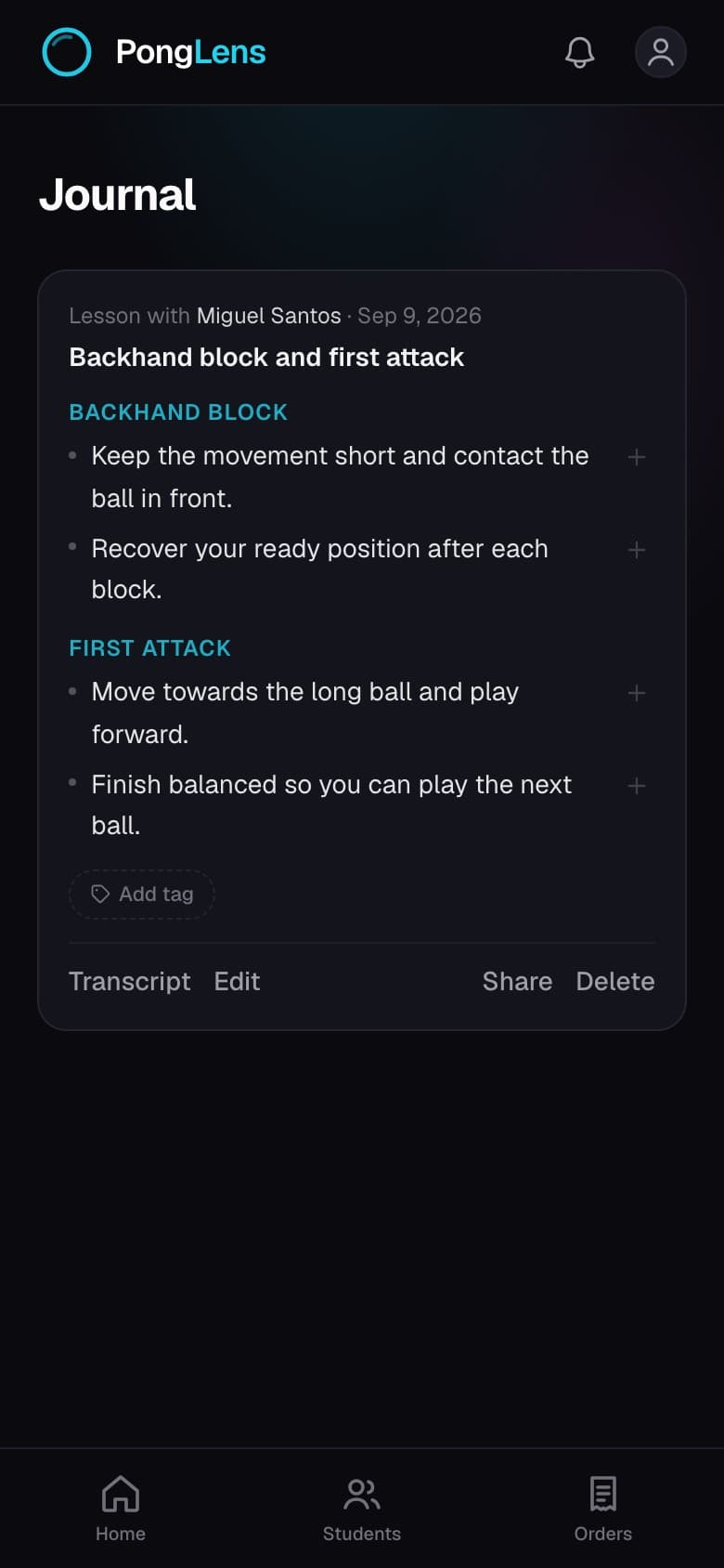 The lesson back as notes: what was worked on and what comes next, with the transcript underneath