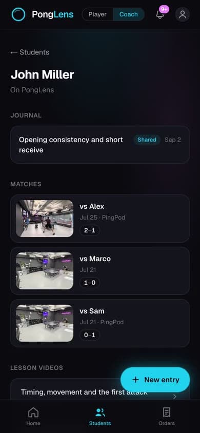 A student's page: the lesson notes shared with them and the matches they shared