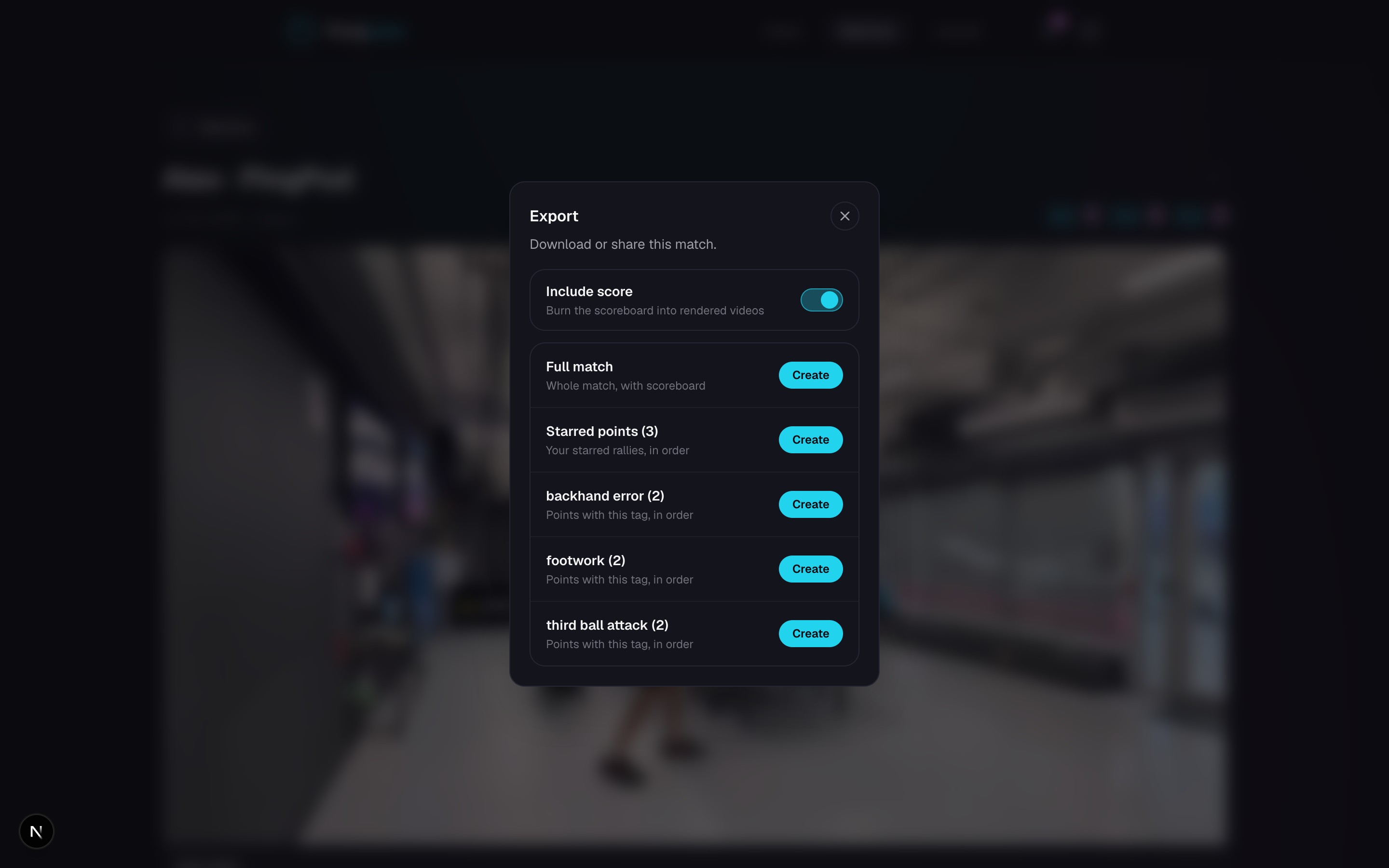 The match Export sheet with video choices