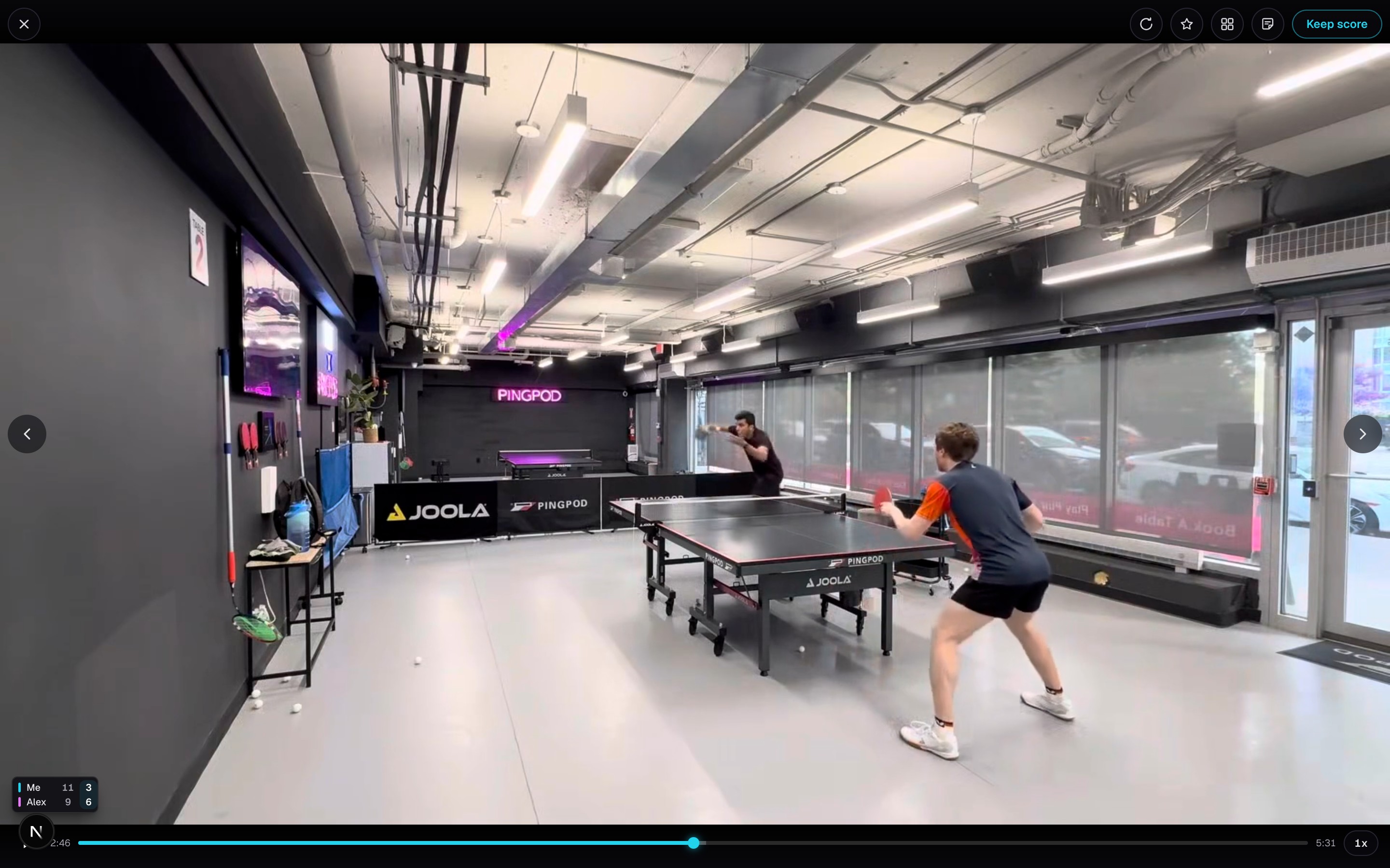 The full match player with review controls visible