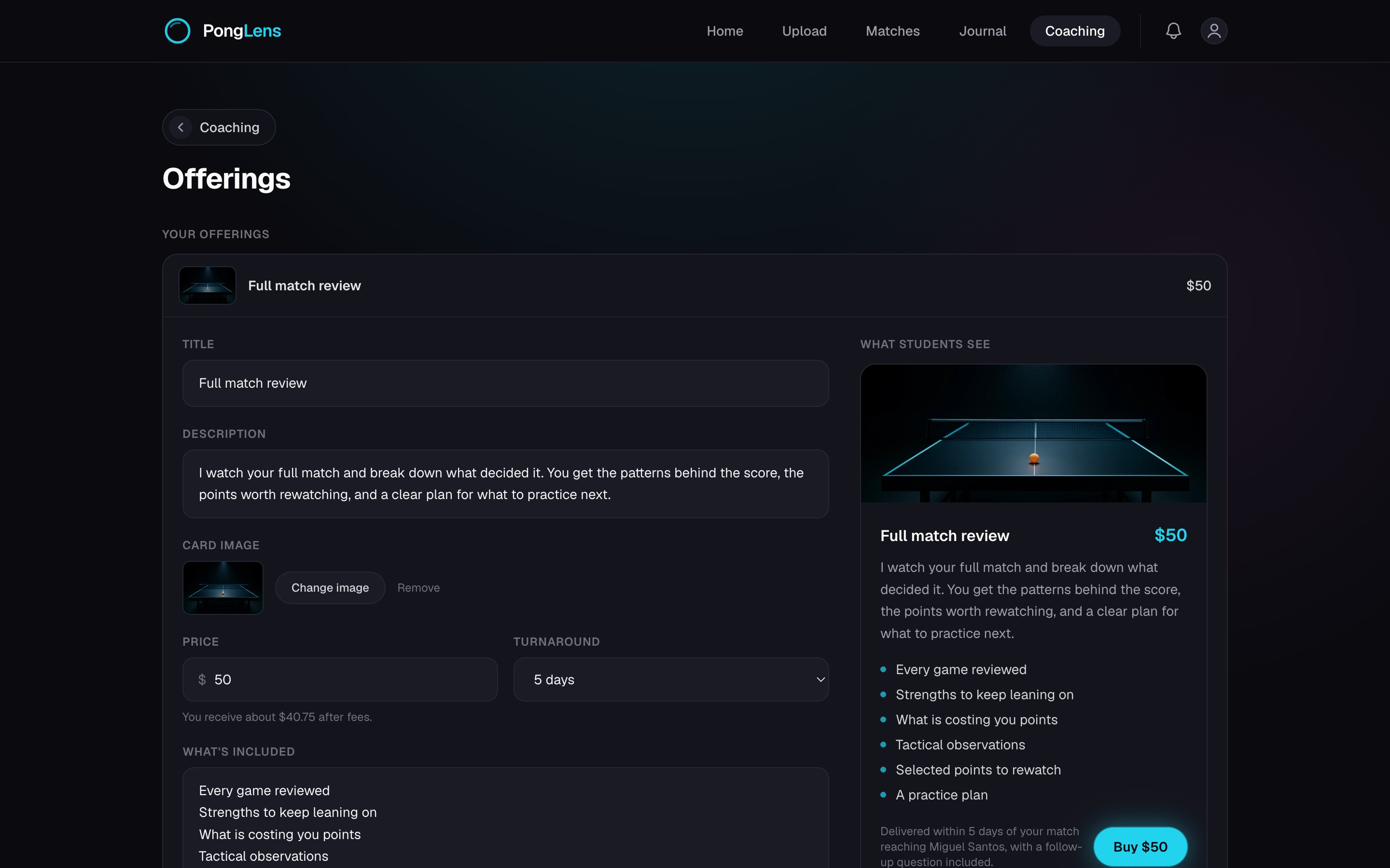 The coach offering editor with scope, price, and turnaround