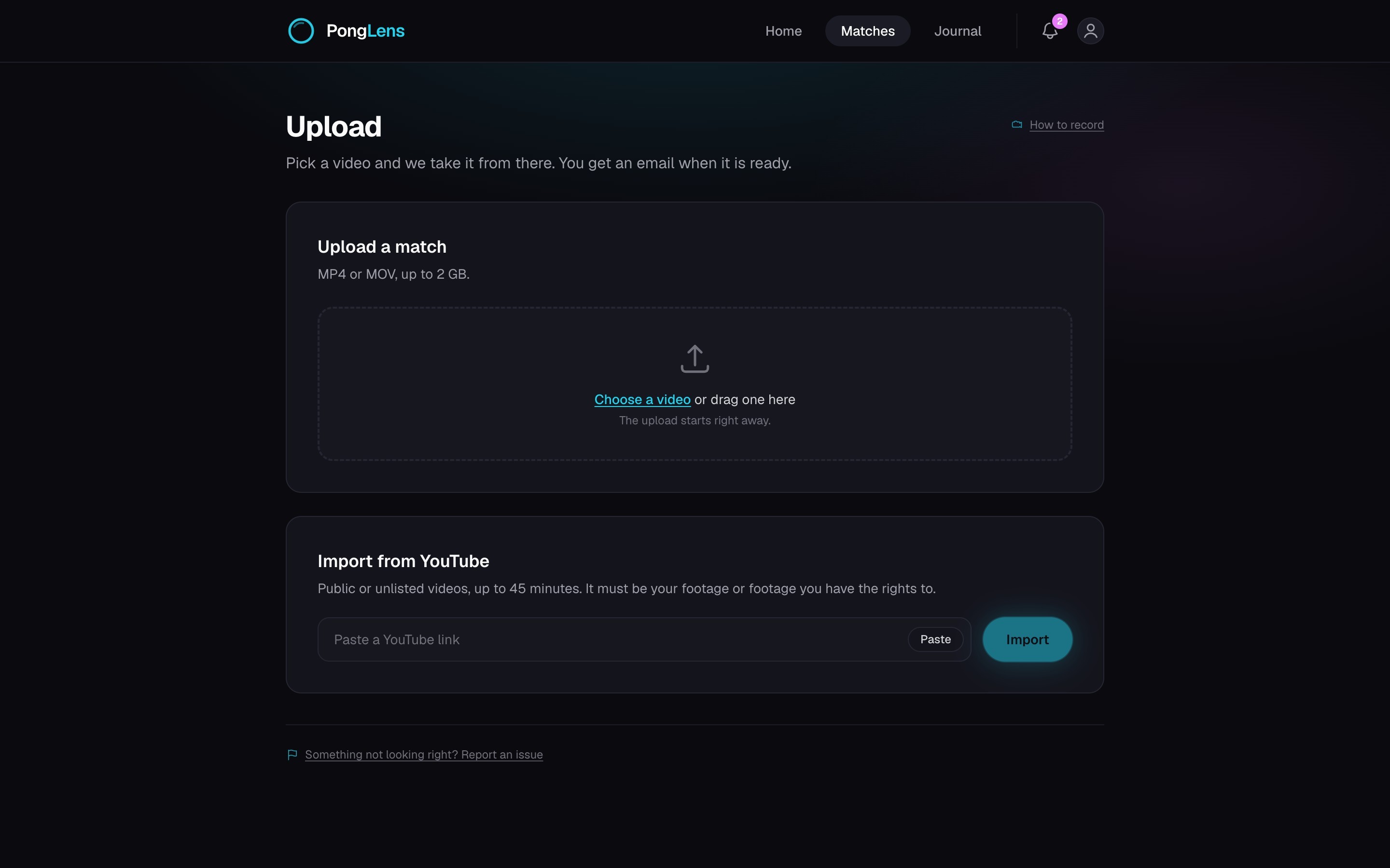 The Upload page with the video chooser and match details